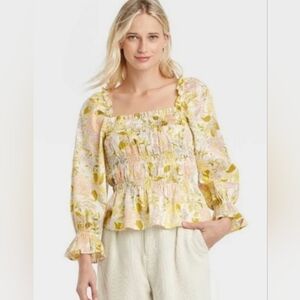 Who What Wear Drawing Room Floral Balloon 3/4 Sleeve Smocked Peplum Top XL